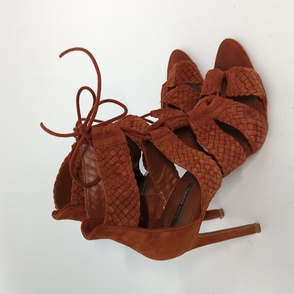 Zara Braided Lace Up Suede Stiletto Heels Brunt Orange 38/7.5 summer bohemian - Picture 2 of 12